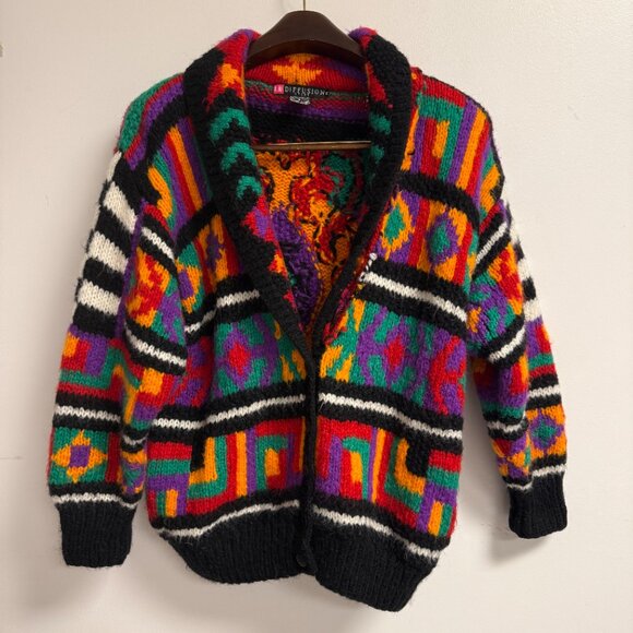 Vintage Sweaters - Vintage 90s Bright Print Wool Blend Chunky Oversized Cardigan Sweater Geometric